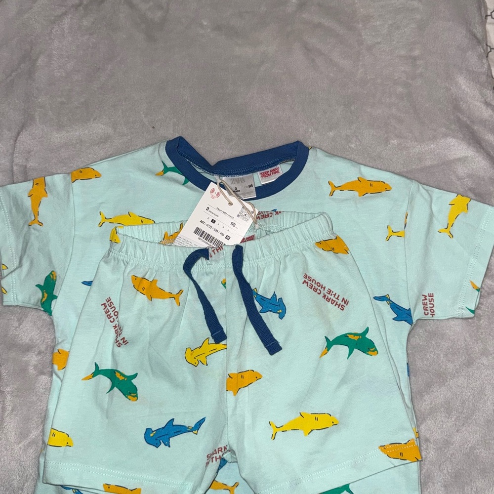 Zara Kids Pajama Set - Light Blue with Yellow and Blue Sharks